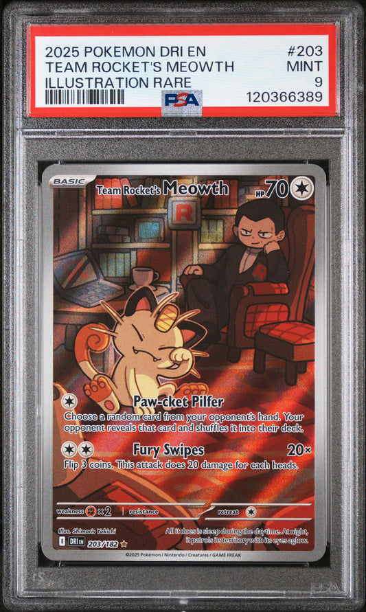 2025 POKEMON DESTINED RIVALS #203 TEAM ROCKET'S MEOWTH ILLUSTRATION RARE PSA 9